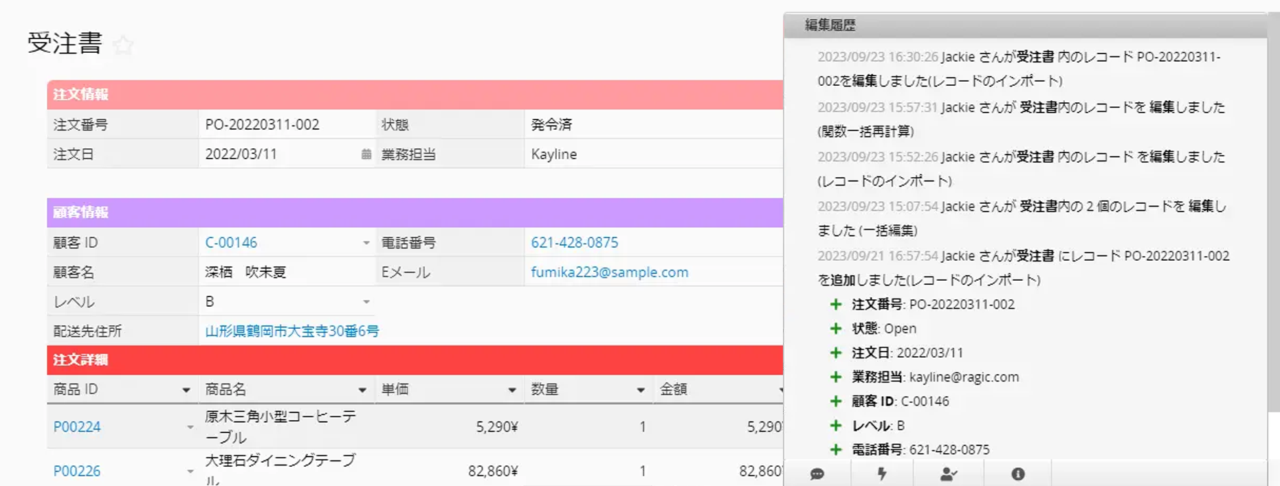 各レコードは詳細な変更記録を備えているため、誰がいつ何を変更したかを正確に把握できます。